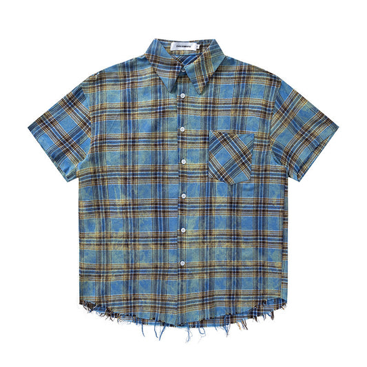 Men's Short Sleeve Distressed Plaid Shirt