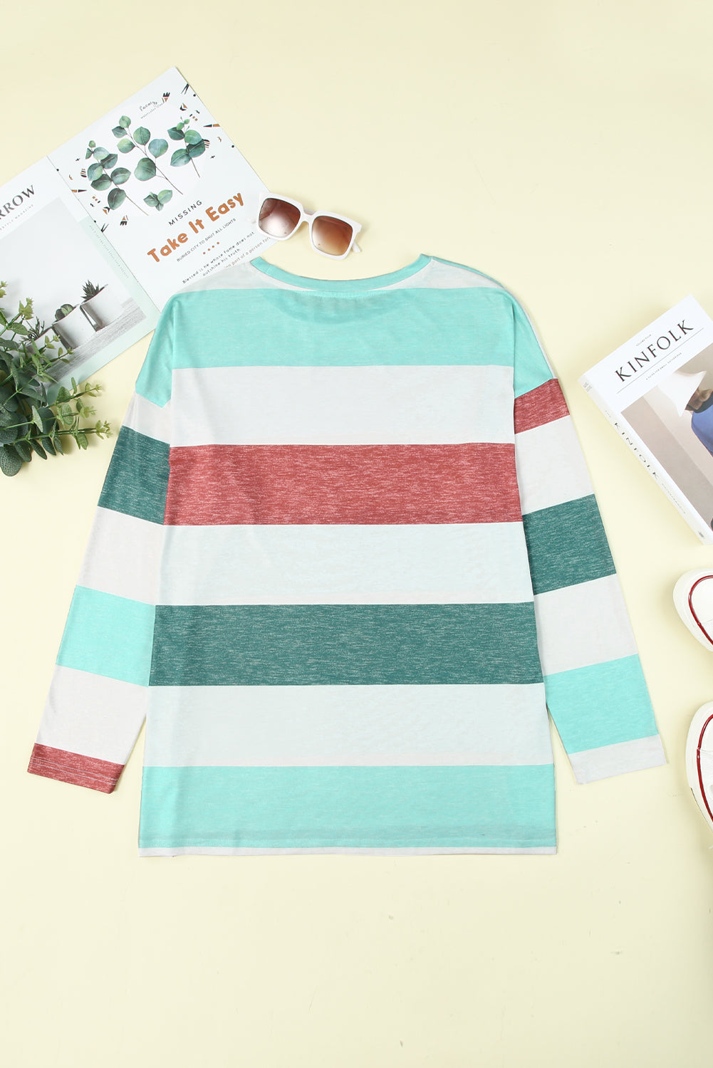 Sky Blue Stripe Plus Size Colorblock Pullover Top