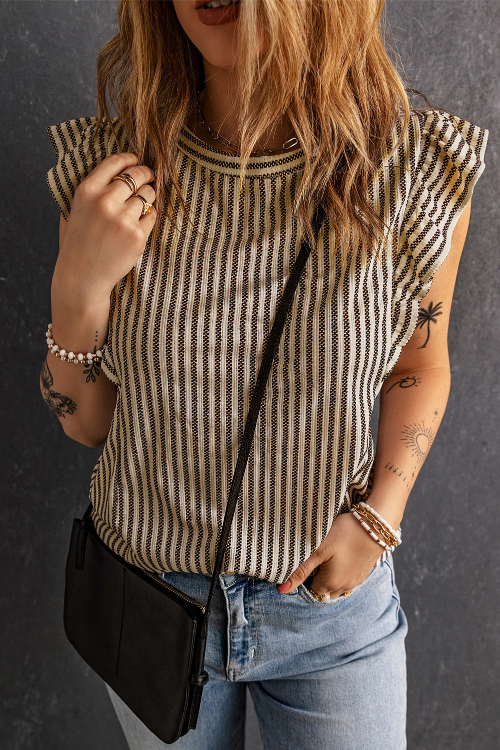 Gray Crew Neck Ruffled Striped Tank Top