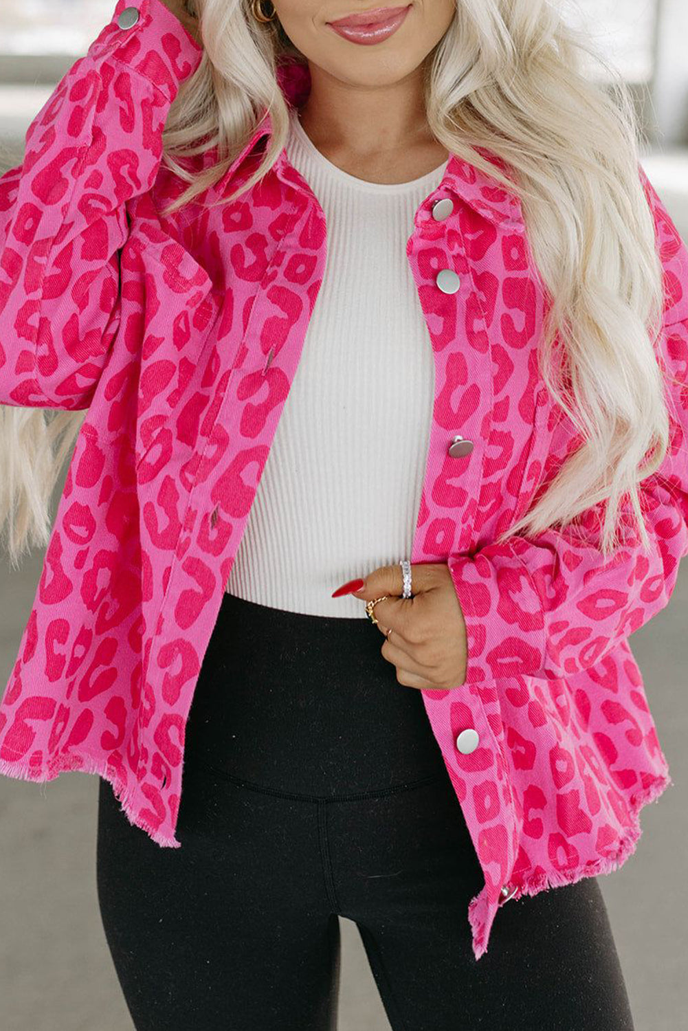 Pink Plus Size Leopard Print Button Cuffs Raw Hem Jacket