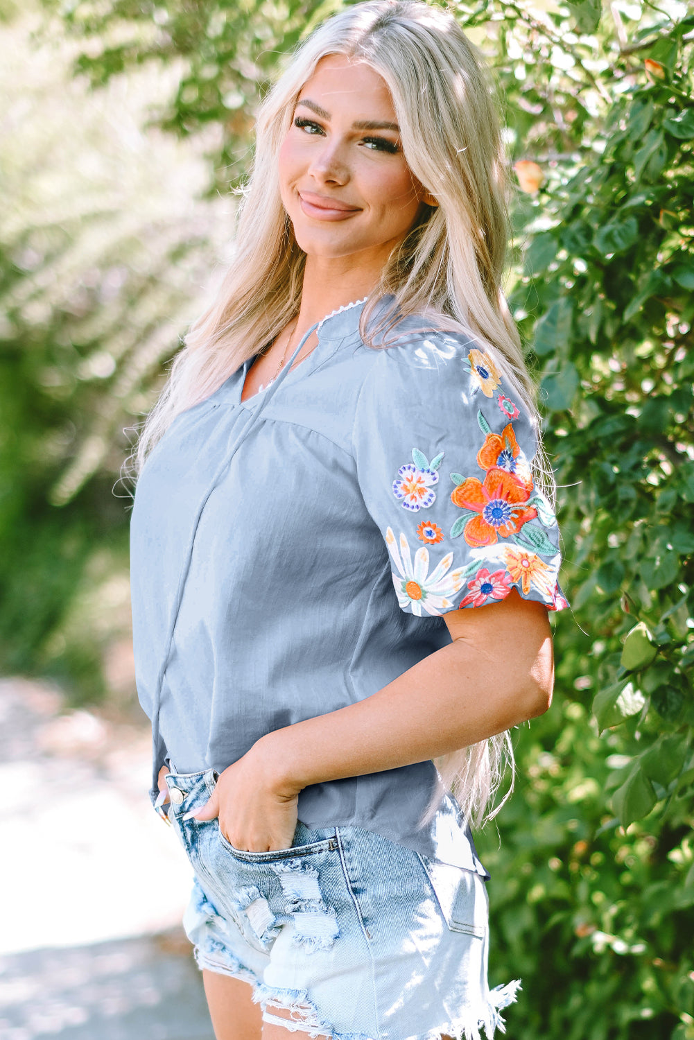 Beau Floral Embroidered Puff Sleeve Split Neck Blouse