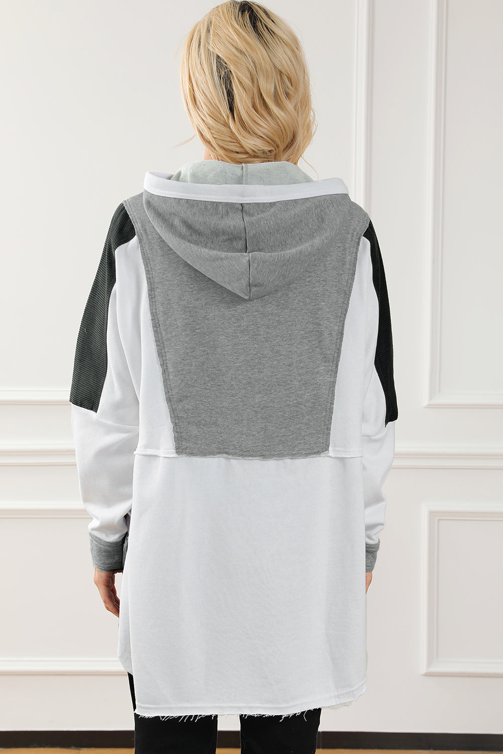 Medium Grey Plus Size Colorblock Patchwork Curved Hem Henley Hoodie