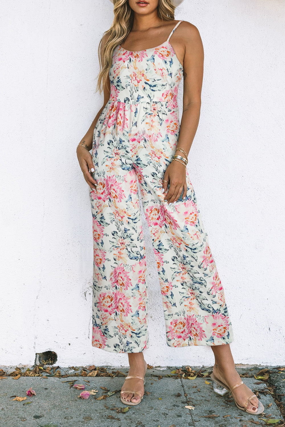 White Plus Size Floral Print Sleeveless Wide Leg Jumpsuit