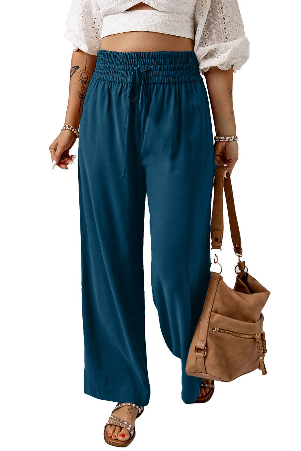 Drawstring Smocked Waist Wide Leg Plus Size Pants