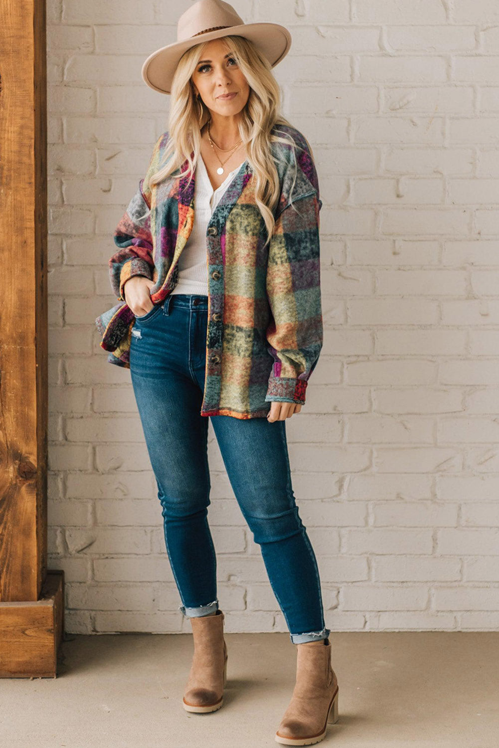 Multicolor Brushed Plaid Pocketed Oversize Shacket