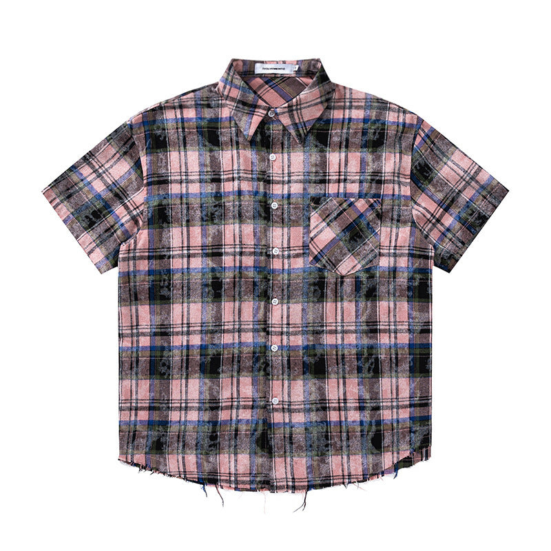 Men's Short Sleeve Distressed Plaid Shirt