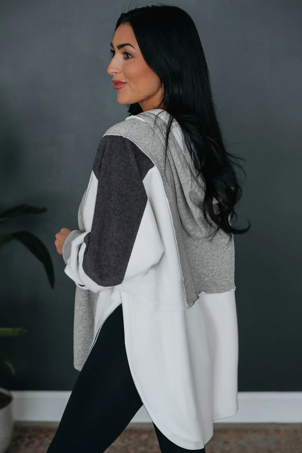 Medium Grey Plus Size Colorblock Patchwork Curved Hem Henley Hoodie