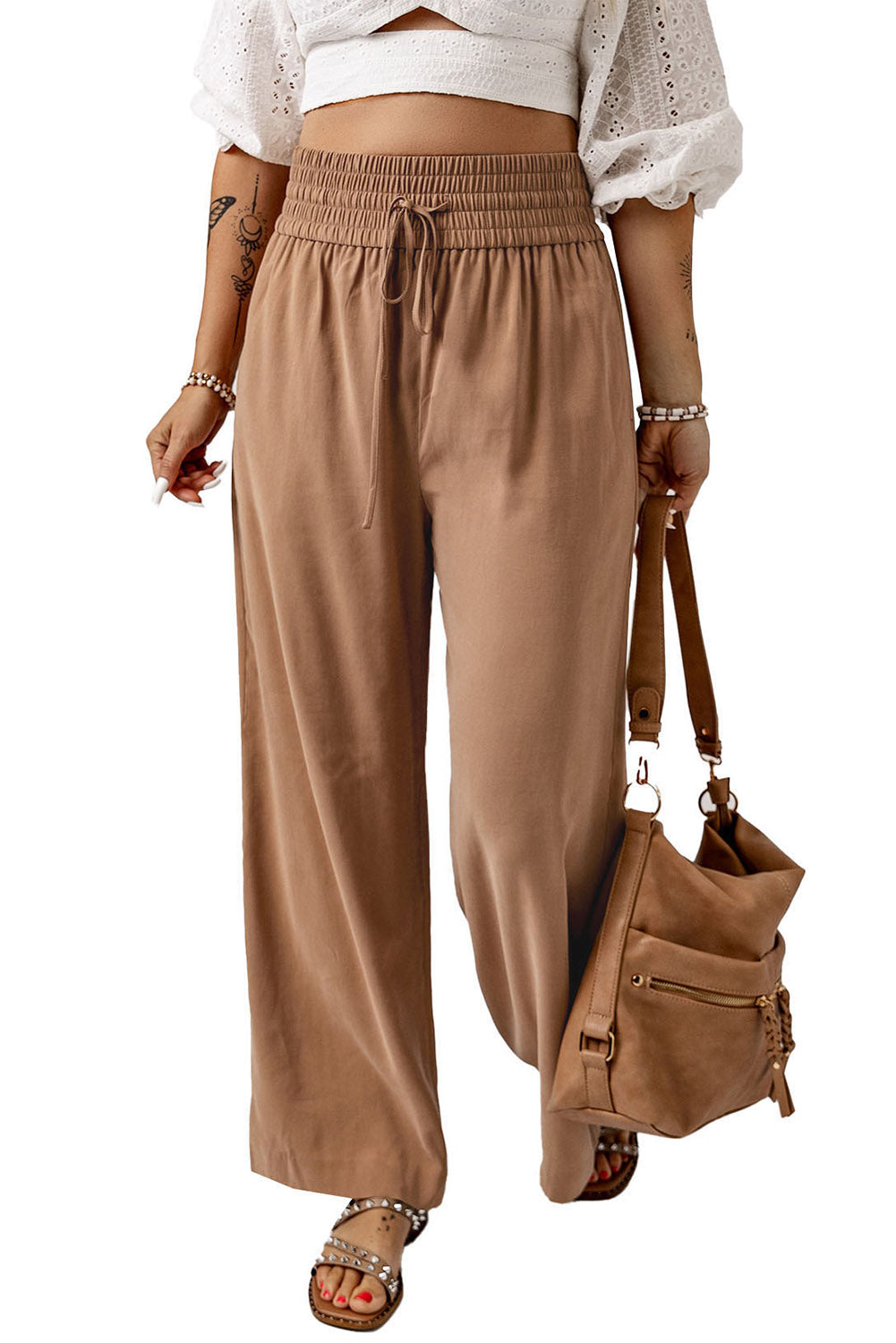 Drawstring Smocked Waist Wide Leg Plus Size Pants