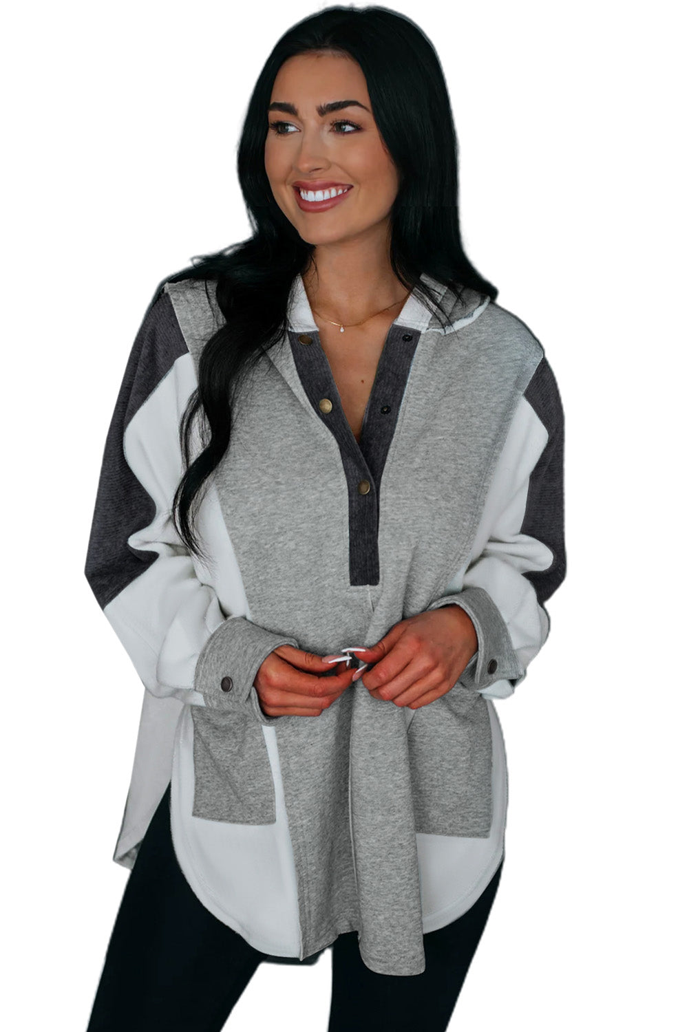 Medium Grey Plus Size Colorblock Patchwork Curved Hem Henley Hoodie