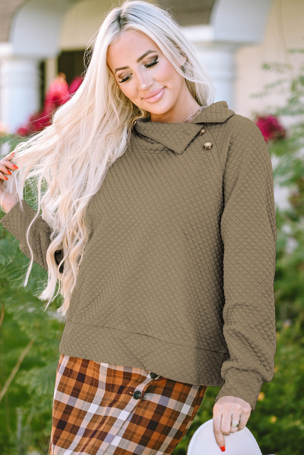 Apricot High Neck Kangaroo Pocket Quilted Sweatshirt