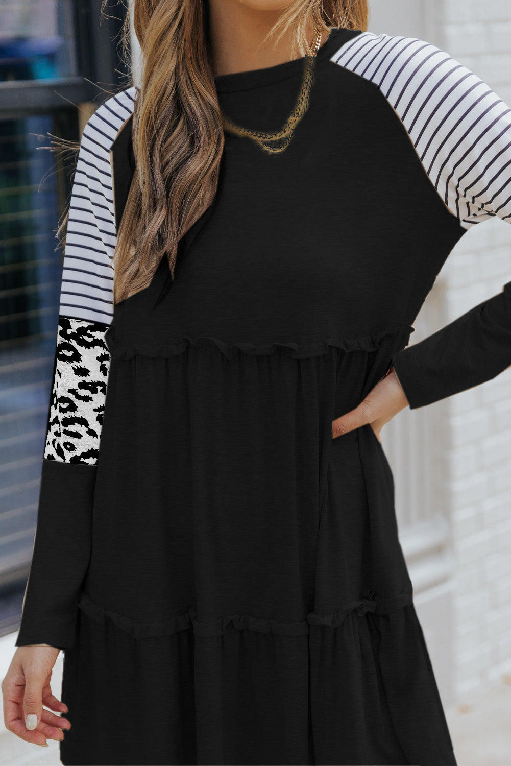 Black Plus Size Striped Leopard Patch Sleeve Ruffle Tiered Dress